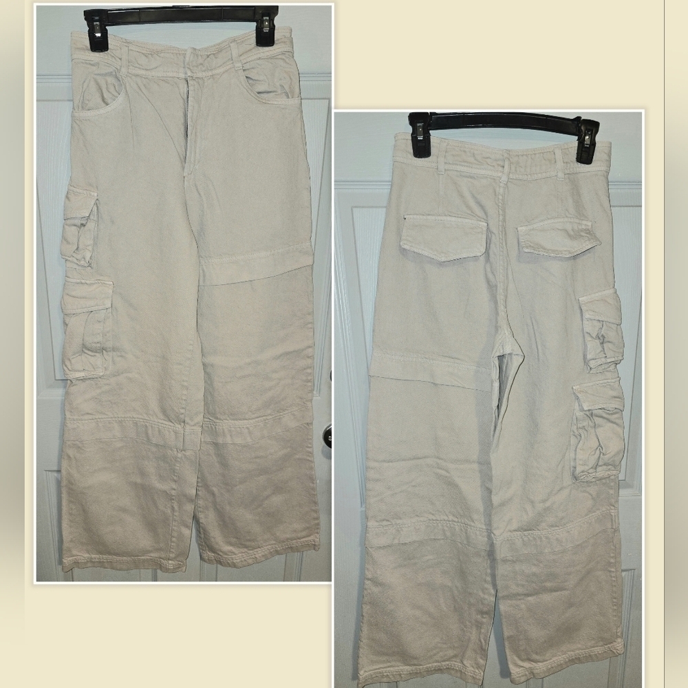 ZARA Canvas Utility Cargo Wide Leg Baggy Pants Skater Grunge Women's XS 28 Waist